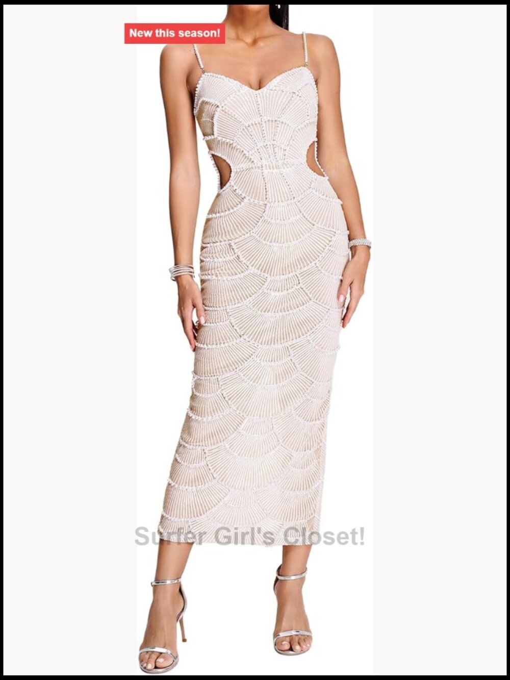 Pearl Sequin Bodycon Midi Dress Cutout Backless Spaghetti Strap